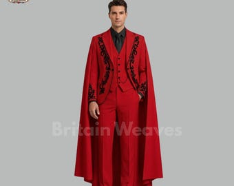 Mens Red Embroidered Cape Suit, Victorian Gothic Formal Suit for Men, Royal Groom Wedding Outfit, Luxury 3 Piece Cape Ensemble