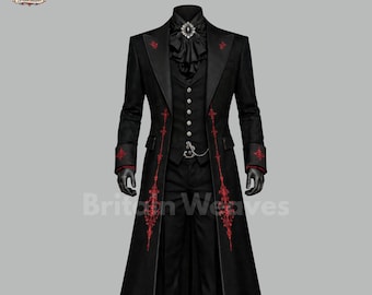 Traje de hombre negro estilo frac gótico, esmoquin victoriano rojo bordado para novio, traje formal de 3 piezas para boda.