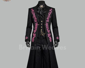 Schwarzer Gothic Viktorianischer Frack Anzug Pink Bestickter Mantel Steampunk Hochzeit Smoking Outfit Maßgeschneiderter Vintage Anzug