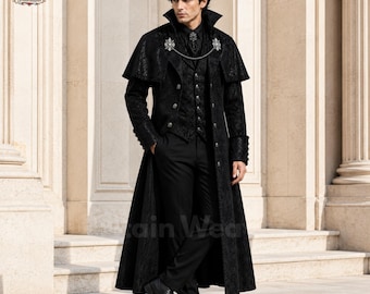 Victorian Gothic Suit Men, Black Brocade Vampire Coat, Gothic Long Coat with Cape, Dracula Outfit, Gothic Groom Suit, Steampunk Costume
