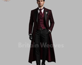Mens Burgundy Victorian Tailcoat Suit 3 Piece Formal Tuxedo Set, Gothic Wedding Suit, Aristocrat Outfit, Groom Suit, Regency Formalwear