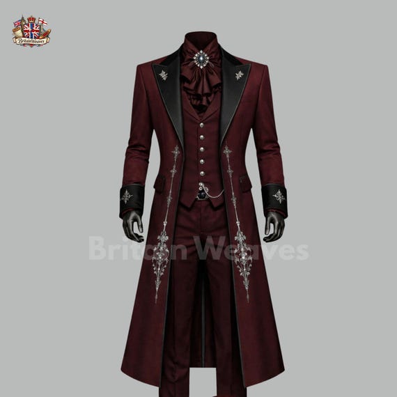 Burgundy Gothic Embroidered Victorian Suit Men Vampire Tailcoat Steampunk Wedding Groom 3 Piece Suit Luxury Outfit