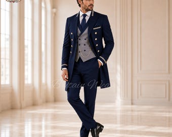 Mens Navy Blue Wedding Suit, Royal Blue Long Coat Groom Suit, Grey Waistcoat 3 Piece Suit, Victorian Tuxedo, Custom Groom Outfit