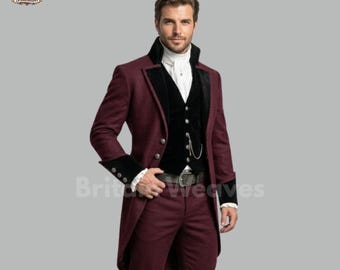 Traje de novio victoriano color burdeos, frac para hombre, traje formal vintage para boda, traje de tres piezas estilo ecuestre, abrigo largo.
