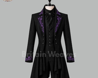 Traje de frac gótico negro para hombre, traje de boda victoriano, frac formal morado bordado, atuendo de novio steampunk