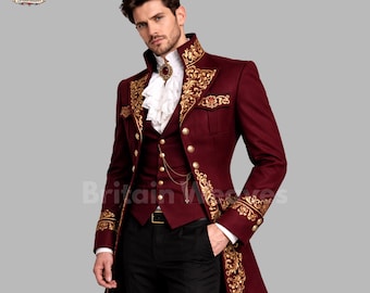 Traje de frac victoriano bordado color burdeos para hombre, estilo gótico, boda steampunk, abrigo de príncipe, atuendo formal de estilo militar.