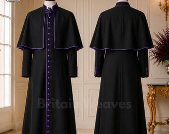 Men's Black Roman Cassock with Purple Piping, Catholic Priest Cassock, Clergy Robe with Pellegrina, Bishop Cassock, Custom Church Vestment