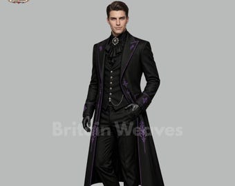 メンズ ブラック ゴシック テールコート スーツ ヴィクトリアン ウェディング スーツ スチームパンク 新郎衣装 パープル 刺繍入り フォーマル 3 ピース スーツ