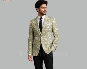 Mens Sage Green Floral Blazer, Luxury Wedding Jacket for Men, Designer Botanical Suit, Modern Groom Outfit