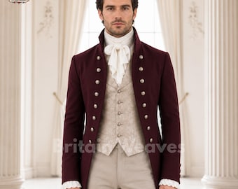 Burgundy Victorian Tailcoat Suit, Regency Wedding Outfit, Colonial Gentleman Coat, Handmade Historical Suit, Bespoke Menswear