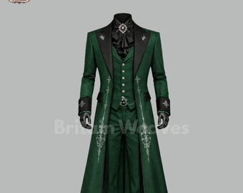 Traje gótico verde bordado para hombre, frac victoriano, traje de boda steampunk, traje de vampiro de 3 piezas, atuendo personalizado
