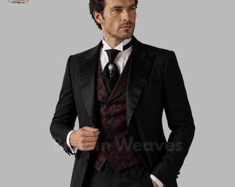 Traje de frac victoriano negro para hombre, traje de boda gótico, esmoquin formal con chaleco burdeos, traje de novio estilo Regencia, frac de tres piezas a medida.