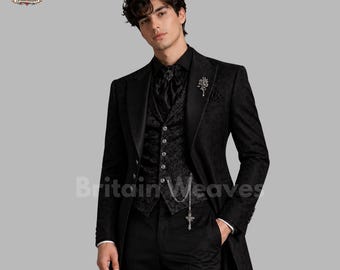 Mens Black Victorian Tailcoat Suit 3 Piece Formal Tuxedo Set, Gothic Aristocrat Wedding Suit, Brocade Groom Outfit, Jacquard Evening Wear