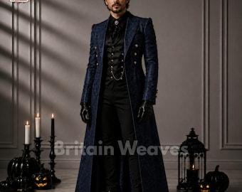 Queue-de-pie victorienne bleu marine pour homme, manteau de mariage gothique, costume de prince de la Régence, costume de vampire pour Halloween, queue-de-pie pour cosplay de Dracula