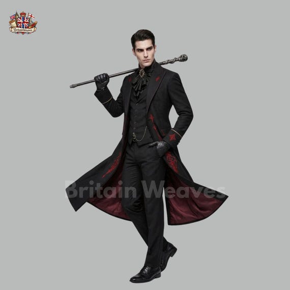 Black Gothic Tailcoat Men Vampire Coat Victorian Wedding Suit Red Embroidered Long Coat Steampunk Groom Outfit Custom