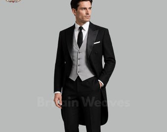 Traje de mañana para hombre, esmoquin victoriano negro, traje formal de boda, atuendo de novio, traje de mañana Ascot