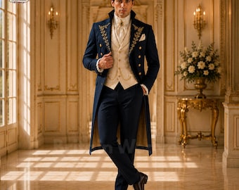 Traje de frac victoriano para hombre, levita azul marino, atuendo de boda de la época de la Regencia, traje real formal