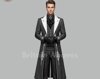 Mens Charcoal Embroidered Long Coat Suit, Victorian Formal 3 Piece Suit for Men, Royal Gothic Wedding Groom Outfit, Aristocrat Prince Suit