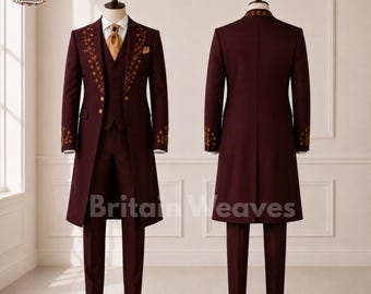 Men's Maroon Victorian Wedding Suit, Embroidered Tailcoat Tuxedo, Formal Groom Suit, Regency Coat Set, Handmade Three Piece Suit
