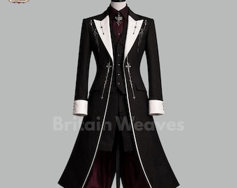 Mens Gothic Tailcoat Suit Black Victorian Coat Vampire Jacket Embroidered Cross Steampunk Regency Formal Coat Custom