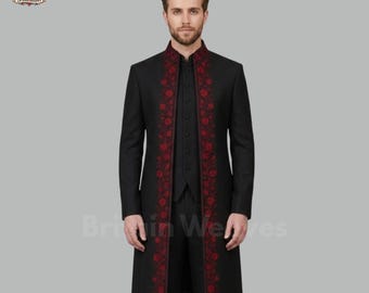 May include: A black formal coat with red floral embroidery down the front and on the collar. The coat is worn over a black vest and shirt. The coat has a mandarin collar and long sleeves. The overall style is elegant and formal.