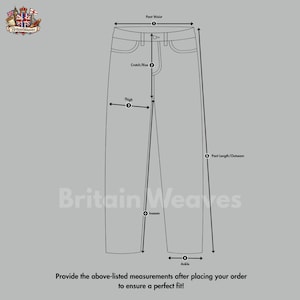 Puede incluir: Diagrama de un pantal&oacute;n con puntos de medici&oacute;n etiquetados: cintura, tiro, muslo, entrepierna, largo del pantal&oacute;n/entrepierna y tobillo. El texto en la parte inferior dice: "&iexcl;Proporcione las medidas enumeradas anteriormente despu&eacute;s de realizar su pedido para asegurar un ajuste perfecto!"