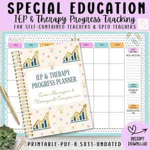 May include: A cream-coloured IEP & Therapy Progress Planner with a spiral binding. The cover features gold and blue graphics and the text "IEP & Therapy Progress Planner". The image also includes a calendar layout and the text "Printable-PDF-8.5x11-Undated" and "Instant Download".