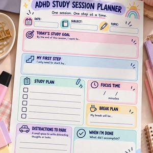 ADHD Study Planner Printable, Focus Tracker Worksheet, Study Session Planner, Executive Function Tool, Student, Instant Download