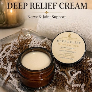 May include: A jar of Deep Relief Cream by EaseNest Naturals, with the text "Nerve & Joint Support." The cream is in a brown glass jar, next to a container with the same label. The net weight is 1 oz / 28 g.