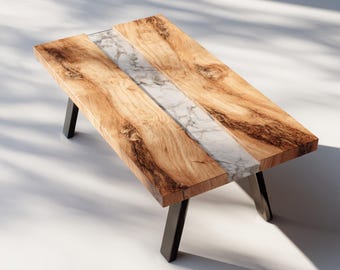Tavolo da pranzo in noce con finitura in resina epossidica, bordo naturale, mobile di lusso in legno realizzato a mano su misura per l'arredamento della casa.