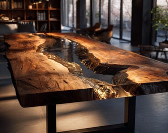 Mesa de río de resina epoxi personalizada, mesa de comedor de nogal con borde natural, muebles de madera de lujo hechos a mano para la decoración moderna del hogar.
