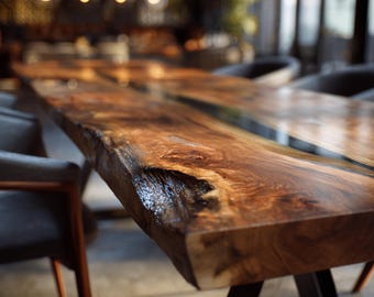 Custom Walnut Live Edge River Dining Table, Handmade Epoxy Resin Furniture
