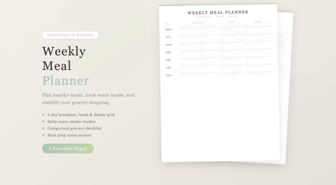 Weekly Meal Planner Printable, Grocery List, Menu Planner, Food Diary ...