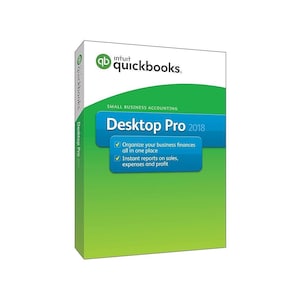 Puede incluir: Una caja de software QuickBooks Desktop Pro 2018 verde y blanca. La caja presenta el logotipo de QuickBooks, el texto "Small Business Accounting" y una pancarta azul con el texto "Desktop Pro 2018". La caja también enumera características como la organización de finanzas.