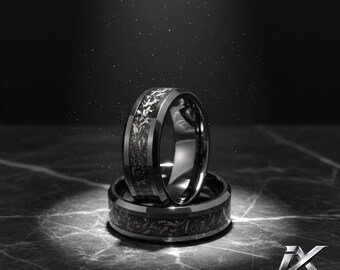 8mm Black Tungsten Ring with Meteorite Inlay – Men’s Wedding Band