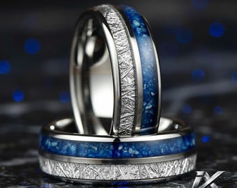 Blue Crystal & White Meteorite Tungsten Ring 6mm/8mm, Wedding Band for Men and Women