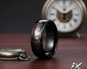 8mm Black Tungsten Ring – Triple Spiral Red Guitar String Inlay Wedding Band
