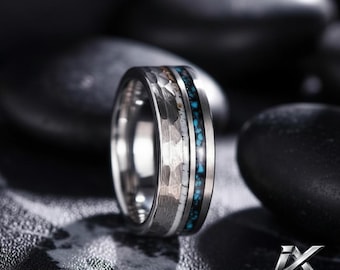 8mm Silver Tungsten Antler & Crushed Turquoise Inlay Wedding Band for Men