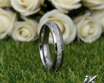 4mm Silver Tungsten Ring with Meteorite Inlay – Mens & Womens Wedding Band