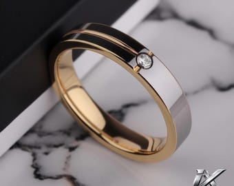 4mm Rose Gold Tungsten Ring with Clear Zircon, Women Men Wedding Band