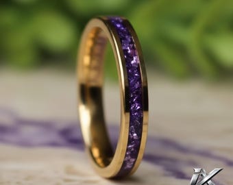 4mm Gold Tungsten Ring with Amethyst Inlay, Wedding Band