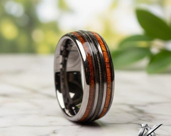 8mm Black Tungsten Ring – Whiskey Barrel Wood, Guitar String Inlay, Comfort Fit Band