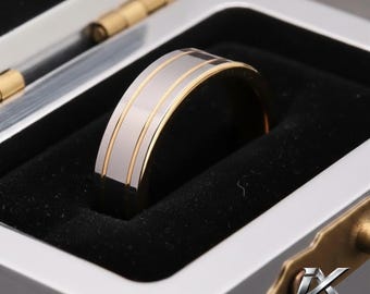 6mm Silver Gold Tungsten Ring, Men’s Wedding Band, Two Tone Comfort Fit Engagement Ring