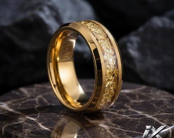 6mm 8mm Gold Tungsten Ring with Leaf Inlay, Men Women Engagement Promise Ring