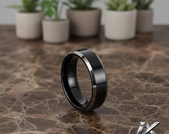 Black Tungsten Carbide Ring, Polished Flat Wedding Band - 6mm/8mm Width