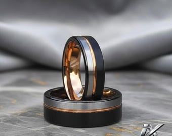 Black & Rose Gold Tungsten Ring 6mm/8mm – Mens Wedding Band Brushed Finish
