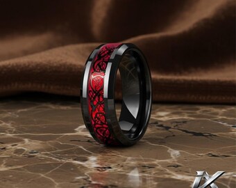 Black Tungsten Ring 6mm 8mm – Red Opal Dragon Inlay Wedding Band for Men & Women