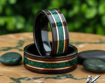 8mm Tungsten Ring, Green Opal & Whiskey Barrel Wood Inlay Wedding Band