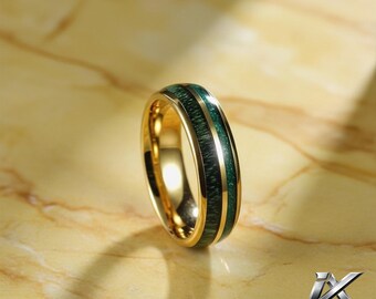 7 mm Tungsten Carbide Ring, Green Opal Wood Inlay, Two-Tone Comfort Fit Band