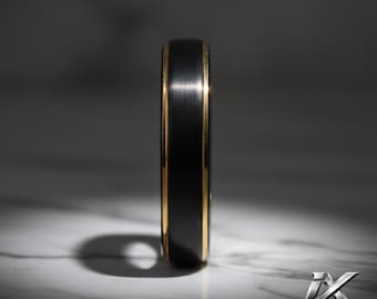 6mm Black Tungsten Ring for Men – Brushed Center, Gold Accent Edges